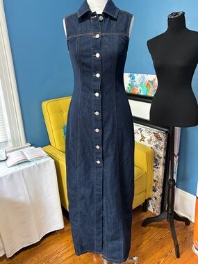 Avec Les Filles Dark Blue Sleeveless Button-Front Denim Maxi Dress